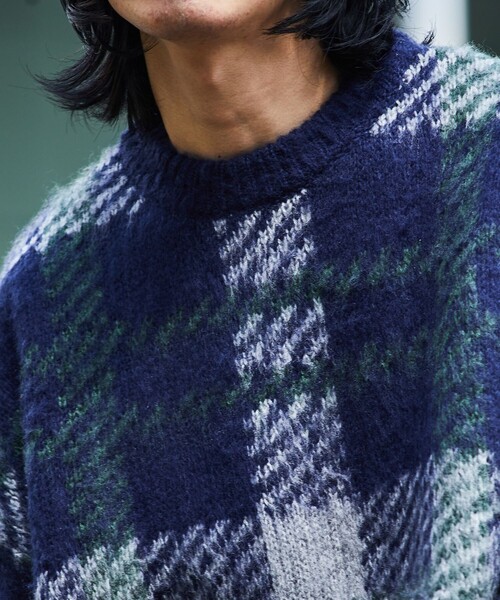 FREAK'S STORE（フリークスストア）の「WEB限定 ビッグシルエット モヘヤタッチ チェック柄 クルーネック シャギーニット/セーター（ニット/セーター・メンズ・ブラック/ブラウン/ネイビー・SMALL/MEDIUM/LARGE）」の14枚目の写真