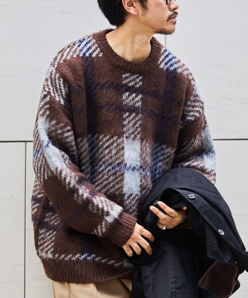 FREAK'S STORE（フリークスストア）の「WEB限定 ビッグシルエット モヘヤタッチ チェック柄 クルーネック シャギーニット/セーター（ニット/セーター・メンズ・ブラック/ブラウン/ネイビー・SMALL/MEDIUM/LARGE）」の20枚目の写真