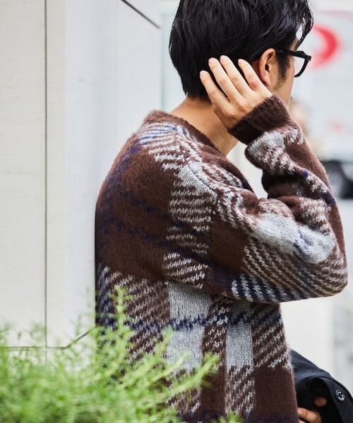 FREAK'S STORE（フリークスストア）の「WEB限定 ビッグシルエット モヘヤタッチ チェック柄 クルーネック シャギーニット/セーター（ニット/セーター・メンズ・ブラック/ブラウン/ネイビー・SMALL/MEDIUM/LARGE）」の18枚目の写真