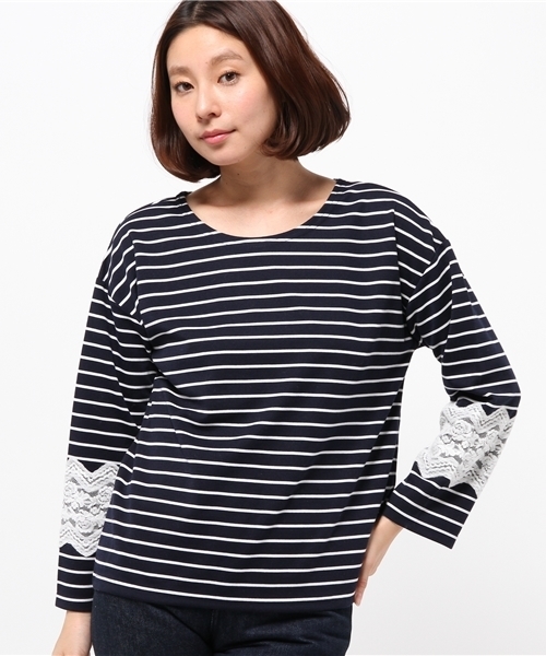 OUTLET(アウトレット)の「【mystic】起毛レース付キボーダープルオーバー(Tシャツ/カットソー・レディース・オフホワイト/ネイビー/ブラック・FREE)」の3枚目の写真