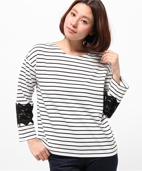 OUTLET(アウトレット)の「【mystic】起毛レース付キボーダープルオーバー(Tシャツ/カットソー・レディース・オフホワイト/ネイビー/ブラック・FREE)」の1枚目の写真