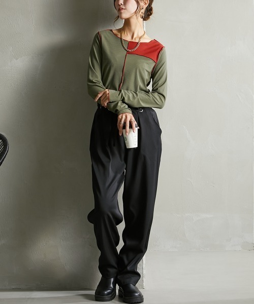 Soiunique（スワユニーク）の「ウエスト細見え　ハトメタックパンツ ［Soiunique］（スラックス・レディース・グリーン/チャコールグレー/ブラック・M/L）」の5枚目の写真