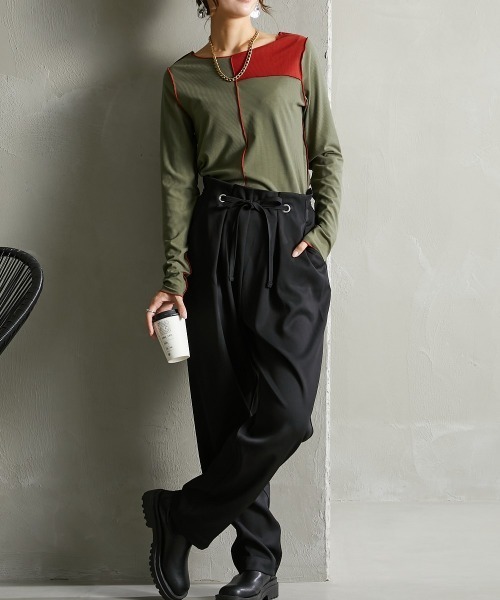 Soiunique（スワユニーク）の「ウエスト細見え　ハトメタックパンツ ［Soiunique］（スラックス・レディース・グリーン/チャコールグレー/ブラック・M/L）」の6枚目の写真