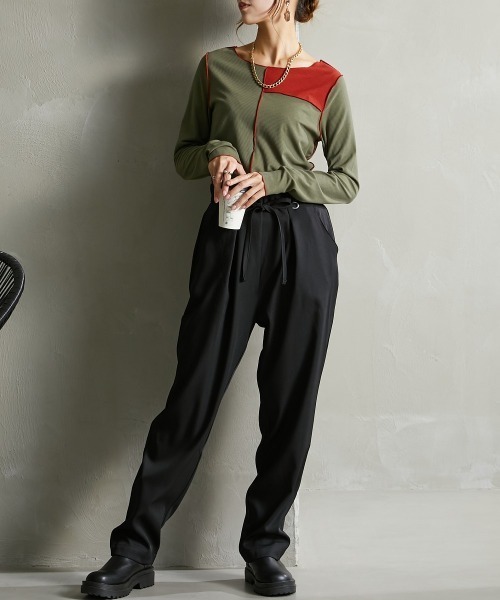 Soiunique（スワユニーク）の「ウエスト細見え　ハトメタックパンツ ［Soiunique］（スラックス・レディース・グリーン/チャコールグレー/ブラック・M/L）」の7枚目の写真