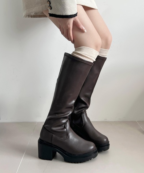 Shoes in Closet（シューズインクローゼット）の「厚底 ヒールアップ  フィット ストレッチ ロングブーツ 1879（ブーツ・レディース・ブラック/ブラック系8/ホワイト/ダークブラウン・S/L/M/LL）」の5枚目の写真