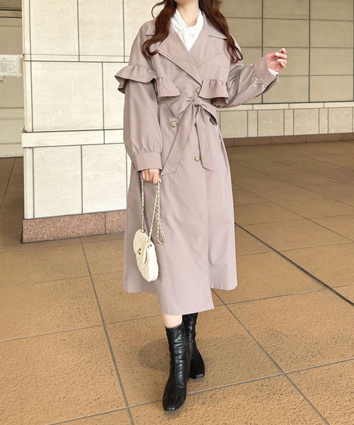 オシャレ フリル ポケット トレンチコート ロング コート 9532 org.jpg