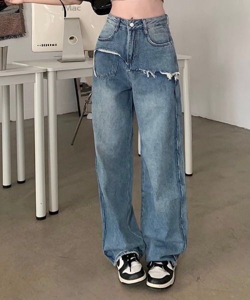 LADY LIKE(レディライク)の「レイヤード風ダメージデニム(デニムパンツ・レディース・サックスブルー/ブルー・M)」の9枚目の写真