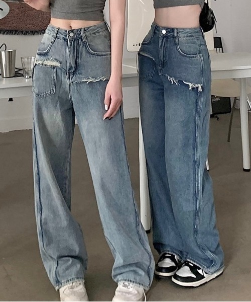 LADY LIKE(レディライク)の「レイヤード風ダメージデニム(デニムパンツ・レディース・サックスブルー/ブルー・M)」の3枚目の写真