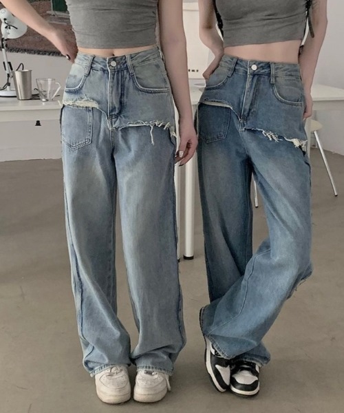 LADY LIKE(レディライク)の「レイヤード風ダメージデニム(デニムパンツ・レディース・サックスブルー/ブルー・M)」の4枚目の写真