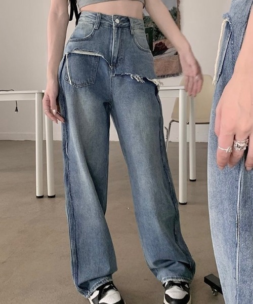 LADY LIKE(レディライク)の「レイヤード風ダメージデニム(デニムパンツ・レディース・サックスブルー/ブルー・M)」の6枚目の写真