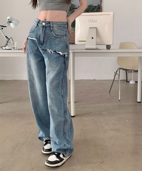 LADY LIKE(レディライク)の「レイヤード風ダメージデニム(デニムパンツ・レディース・サックスブルー/ブルー・M)」の7枚目の写真