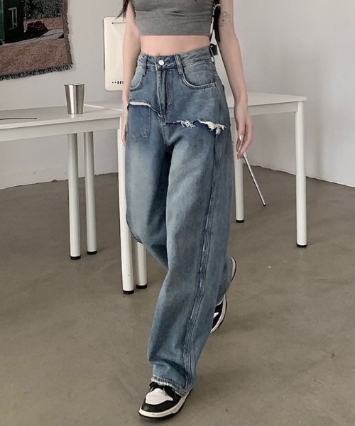 LADY LIKE(レディライク)の「レイヤード風ダメージデニム(デニムパンツ・レディース・サックスブルー/ブルー・M)」の8枚目の写真