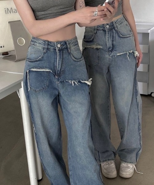 LADY LIKE(レディライク)の「レイヤード風ダメージデニム(デニムパンツ・レディース・サックスブルー/ブルー・M)」の11枚目の写真