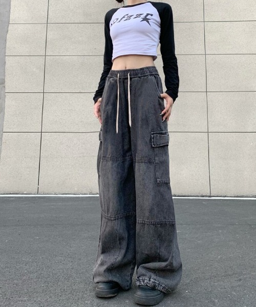 セール】ユニサックス 裾ドロスト デニムカーゴパンツ（カーゴパンツ