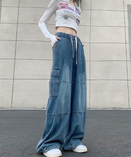 セール】ユニサックス 裾ドロスト デニムカーゴパンツ（カーゴ
