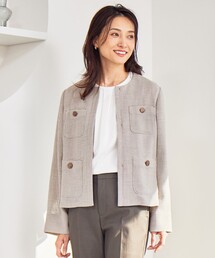 ノーカラージャケット（グリーン・カーキ/緑色系・チェック柄