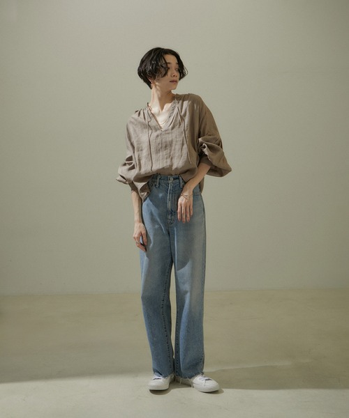 SALON adam et rope'（サロン アダム エ ロペ）の「[24SS]ノルマンディリネンクロップドブラウス【セットアップ対応・洗える】（シャツ/ブラウス・レディース・カーキ/ブラック/ホワイト/ピンク・FREE）」の7枚目の写真