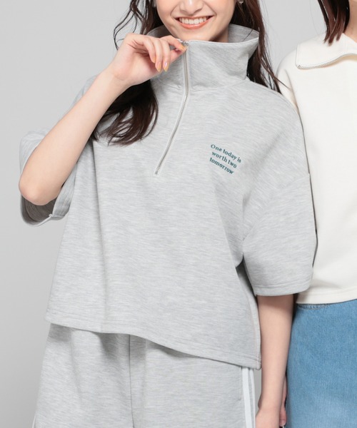 Honeys（ハニーズ）の「ハーフジップゆるトップス（Tシャツ/カットソー・レディース・アイボリー/ブラック/サックスブルー/杢グレー・SS/S/M/L/LL）」の3枚目の写真