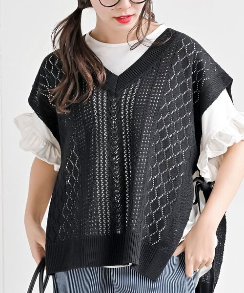 rps（アールピーエス）の「透かし総柄サイドリボンニットベスト（ベスト・レディース・ブラック/ベージュ/ベージュ系その他・フリー）」の12枚目の写真