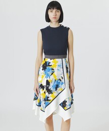 【手洗い可】フラワープリントカラーブロックワンピース