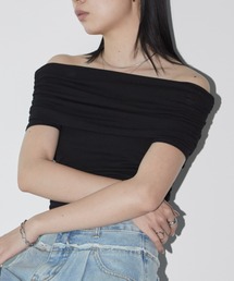 サイドシャーリングハーフスリーブオフショルトップス
