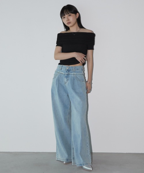 Aunt Marie's（アントマリーズ）の「サイドシャーリングハーフスリーブオフショルトップス（Tシャツ/カットソー・レディース・ブラック/ホワイト/モカ・FREE）」の9枚目の写真