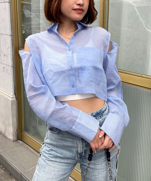 SPIRALGIRL（スパイラルガール）の「アームカッティングクロップドシアーシャツ（シャツ/ブラウス・レディース・ホワイト/ブルー・FREE）」の13枚目の写真