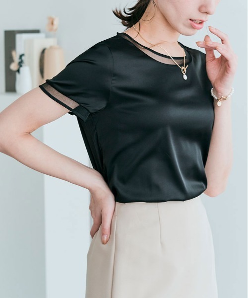 kirakiraShop（キラキラショップ）の「配色 ドッキング シルキー サテン トップス（Tシャツ/カットソー・レディース・ブラック/アイボリー/ホワイト・2XL/XL/L/M）」の20枚目の写真