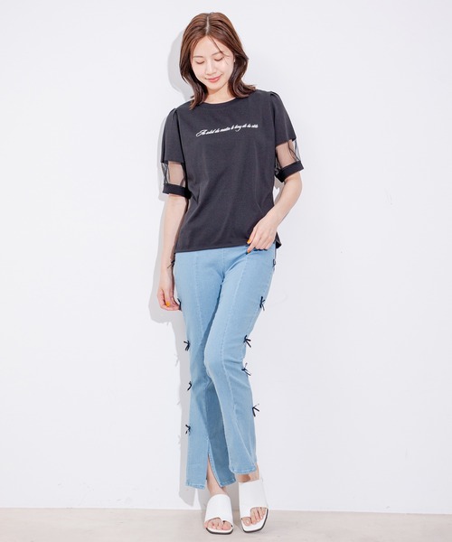 Jayro(ジャイロ)の「袖チュールロゴプリントカットソー(Tシャツ/カットソー・レディース・ブラック/カーキ/ホワイト系その他/ライトグリーン・M)」の17枚目の写真