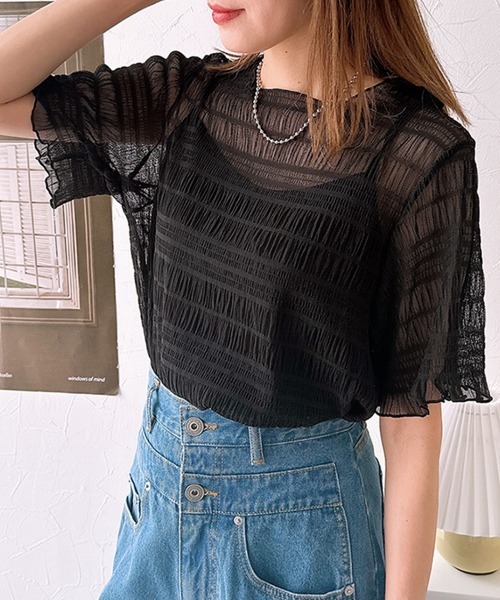 nissen(ニッセン)の「【販売終了】2点セット(半袖プルオーバー+キャミソール)(シャツ/ブラウス・レディース・オフホワイト/ブラック・M/L)」の2枚目の写真