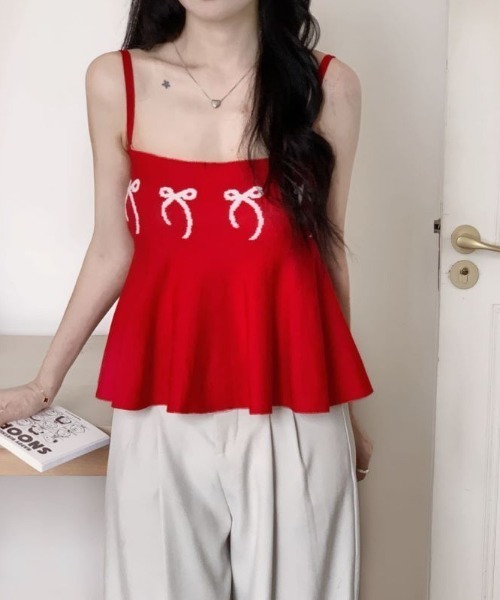 Diosfront（ディオスフロント）の「ジャガードリボンペプラムフレアニットキャミ（キャミソール・レディース・ブラック/グレー/レッド・FREE）」の15枚目の写真