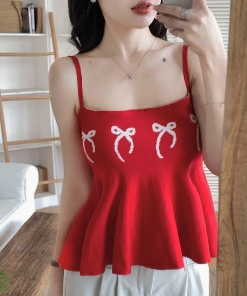 Diosfront（ディオスフロント）の「ジャガードリボンペプラムフレアニットキャミ（キャミソール・レディース・ブラック/グレー/レッド・FREE）」の10枚目の写真