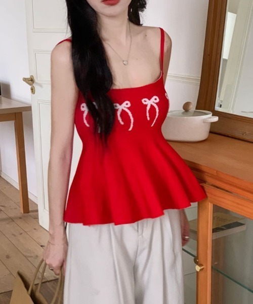 Diosfront（ディオスフロント）の「ジャガードリボンペプラムフレアニットキャミ（キャミソール・レディース・ブラック/グレー/レッド・FREE）」の21枚目の写真