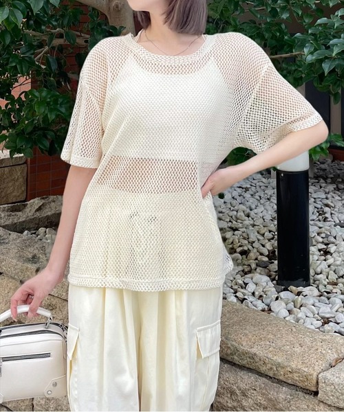 clear（クリア）の「ロング丈メッシュトップス［大人 カジュアル レイヤード］≪再入荷≫（Tシャツ/カットソー・レディース・グリーン/ピンク/ブラック/アイボリー・F）」の2枚目の写真