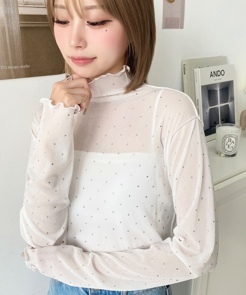 新品未使用✨MADISONBLUE グロスヤーン シアータートル イタリア素材 セール】ラインストーンシアータートルメロープルオーバー（T