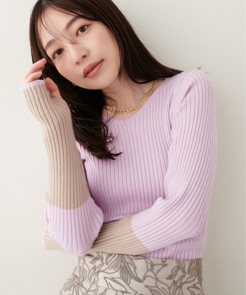 natural couture（ナチュラルクチュール）の「袖口配色リブニットプルオーバー（ニット/セーター・レディース・ブラック/アイボリー/グレイッシュベージュ/ミント/ラベンダー/ネイビー・FREE）」の6枚目の写真