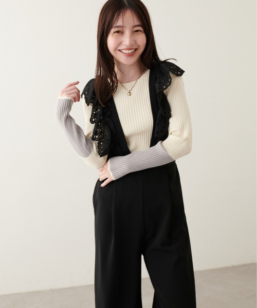 natural couture（ナチュラルクチュール）の「袖口配色リブニットプルオーバー（ニット/セーター・レディース・ブラック/アイボリー/グレイッシュベージュ/ミント/ラベンダー/ネイビー・FREE）」の10枚目の写真