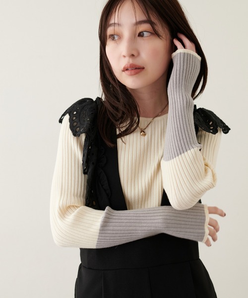natural couture（ナチュラルクチュール）の「袖口配色リブニットプルオーバー（ニット/セーター・レディース・ブラック/アイボリー/グレイッシュベージュ/ミント/ラベンダー/ネイビー・FREE）」の9枚目の写真