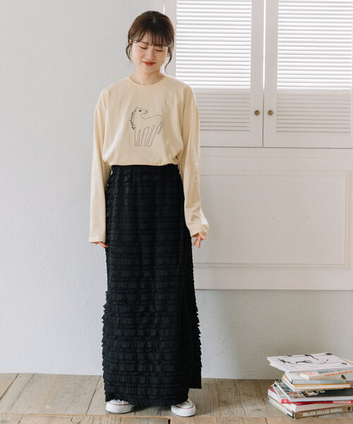 POU DOU DOU（プードゥドゥ）の「アニマルチェーン刺繍ワイドロンTee（Tシャツ/カットソー・レディース・オフホワイト/ブラック/キナリ・M）」の5枚目の写真