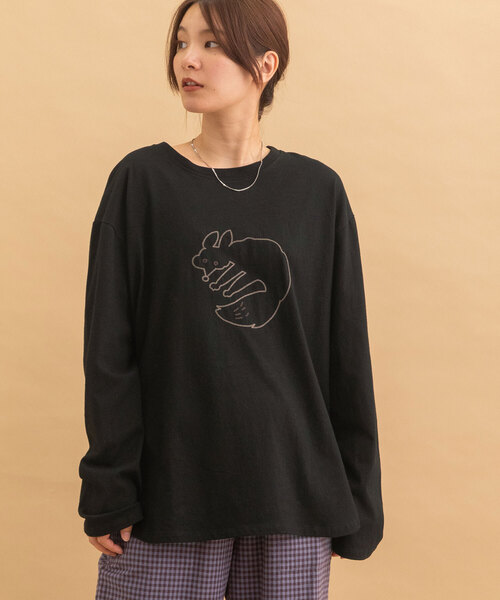 POU DOU DOU（プードゥドゥ）の「アニマルチェーン刺繍ワイドロンTee（Tシャツ/カットソー・レディース・オフホワイト/ブラック/キナリ・M）」の14枚目の写真
