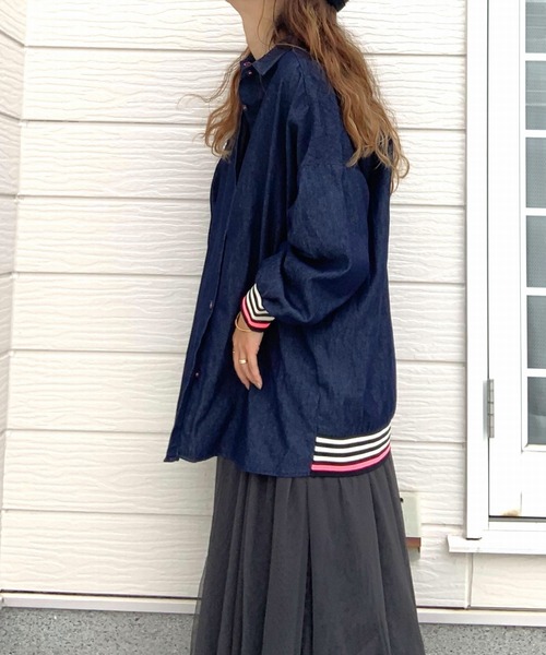 Q（キュー）の「ライトデニムリブドッキングシャツ（シャツ/ブラウス・レディース・ネイビー・MEDIUM）」の14枚目の写真