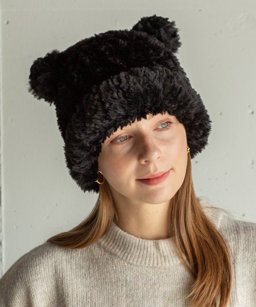 14+（イチヨンプラス）の「ボリュームシャギーくま耳ワッチ（ニットキャップ/ビーニー・レディース・ブラウン/ホワイト/ブラック・MEDIUM）」の2枚目の写真