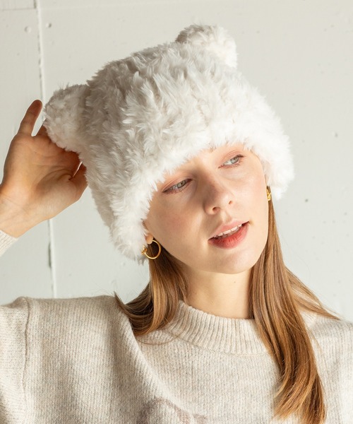 14+（イチヨンプラス）の「ボリュームシャギーくま耳ワッチ（ニットキャップ/ビーニー・レディース・ブラウン/ホワイト/ブラック・MEDIUM）」の19枚目の写真