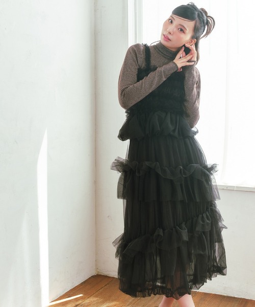 REDYAZEL（レディアゼル）の「チュールフリルティアードスカート（スカート・レディース・カーキ/ブラック/ブルー・SMALL/MEDIUM）」の5枚目の写真