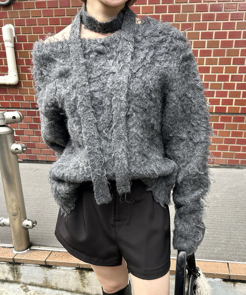 mline（エムライン）の「[mline]チョーカー付きシャギーカーディガン（カーディガン/ボレロ・レディース・オフホワイト/チャコールグレー/ブルー/ピンク/イエロー・FREE）」の3枚目の写真