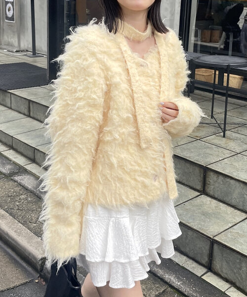 mline（エムライン）の「[mline]チョーカー付きシャギーカーディガン（カーディガン/ボレロ・レディース・オフホワイト/チャコールグレー/ブルー/ピンク/イエロー・FREE）」の5枚目の写真
