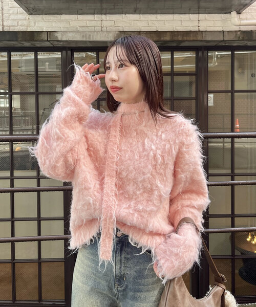 【M.&KYOKO】ピンクの長袖カーディガン【新品未使用】 セール】[mline]チョーカー付きシャギーカーディガン（カーディガン