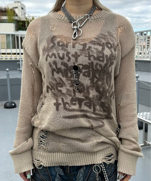 ニット セーター 「XU」damage loose knit レディース XU ニット セーター 「XU」damage loose knit レディース