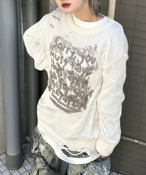 ニット セーター 「XU」damage loose knit レディース XU ニット セーター 「XU」damage loose knit レディース