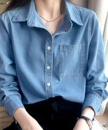 ボタン付きデニム柄シャツ